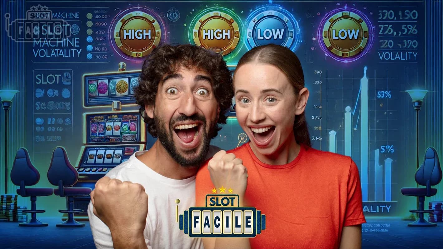 Ragazzo e ragazza felici di avere compreso i termini delle slot, dietro c'è uno sfondo che rappresenta le slot machine quindi RTP e Volatilità